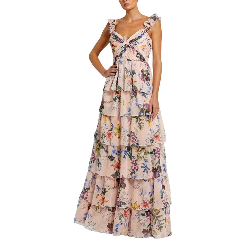 NWT Ieena by Mac Duggal Chiffon Ruffle Sleeveless Dress Gown Pink / Multi 8